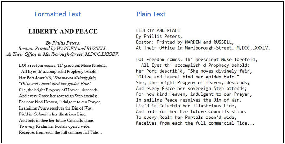 The poem 'Liberty and Peace' by Phillis Peters as formatted and plain text